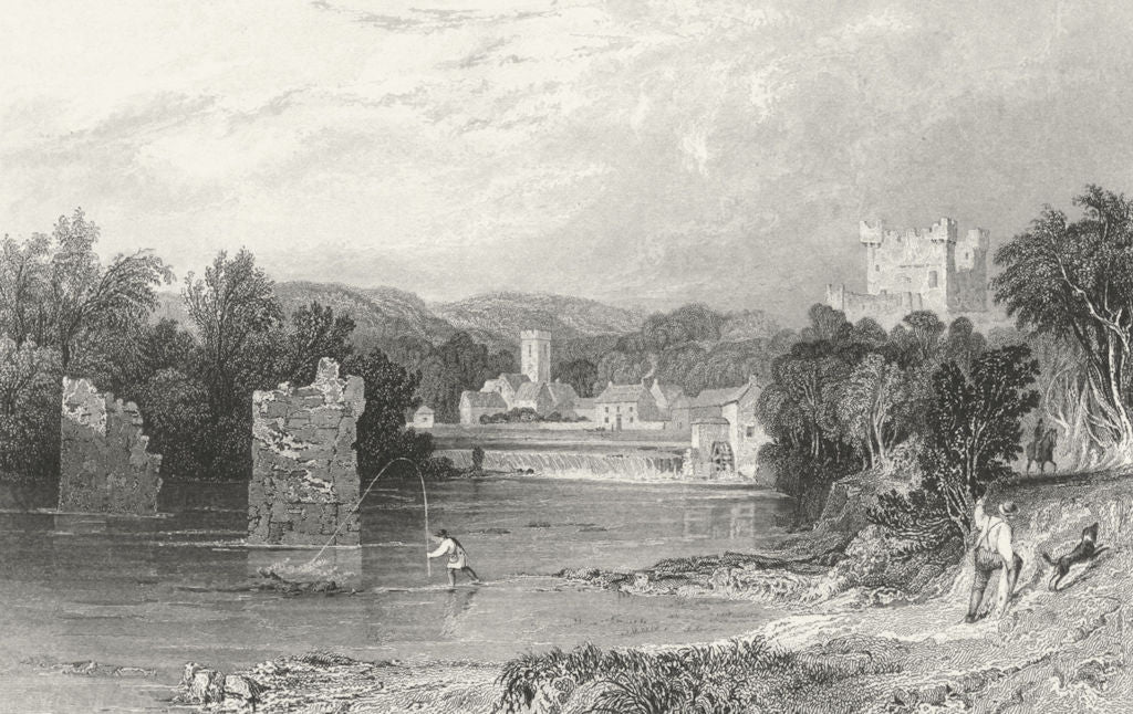 NORTHUMBS. Bywell, Tyne. Allom. Fisherman Dog 1832 old antique print picture